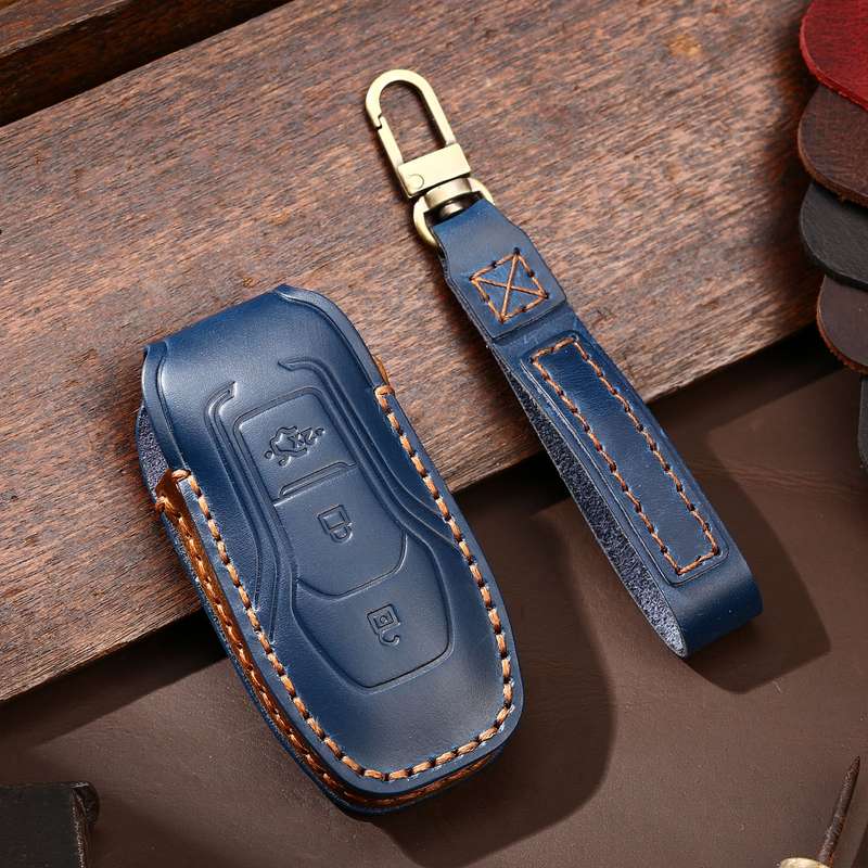Hallmo Car Cowhide Leather Key Protective Cover Key Case for Ford Focus A Style(Black)