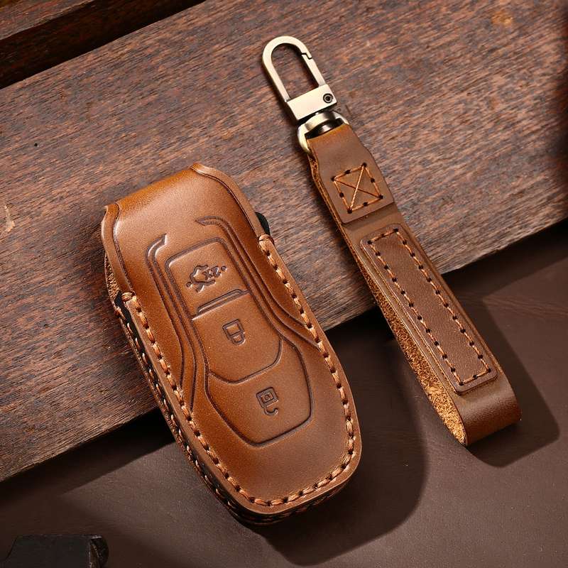 Hallmo Car Cowhide Leather Key Protective Cover Key Case for Ford Focus A Style(Black)
