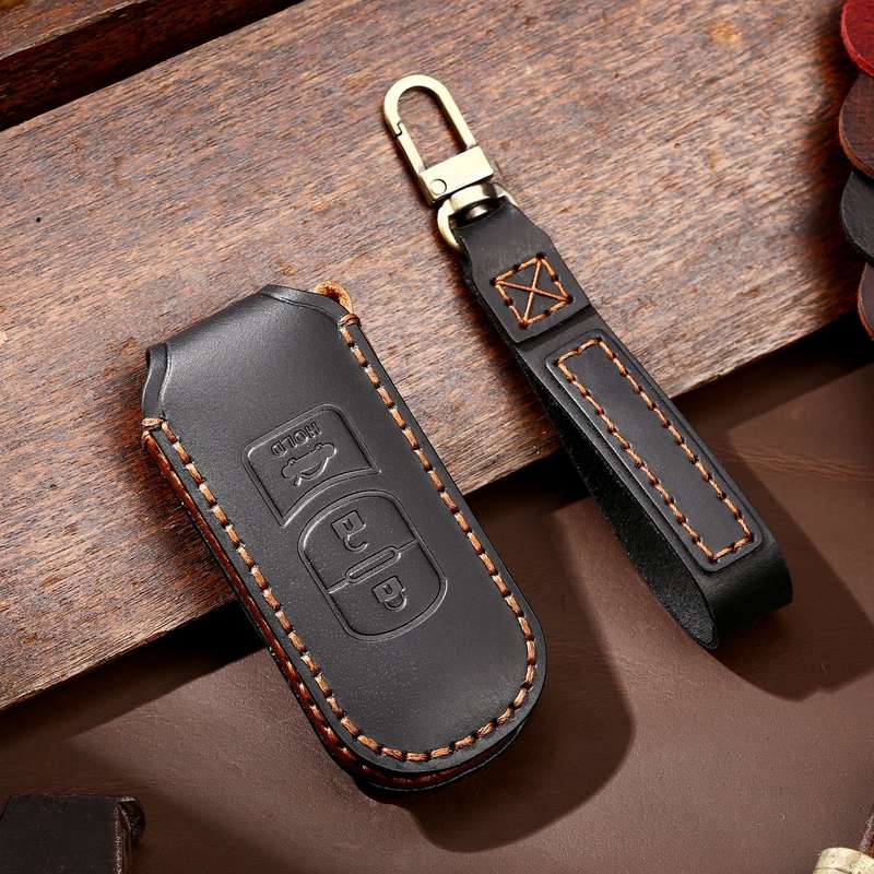 Hallmo Car Cowhide Leather Key Protective Cover Key Case for Mazda Axela 3-button(Black)