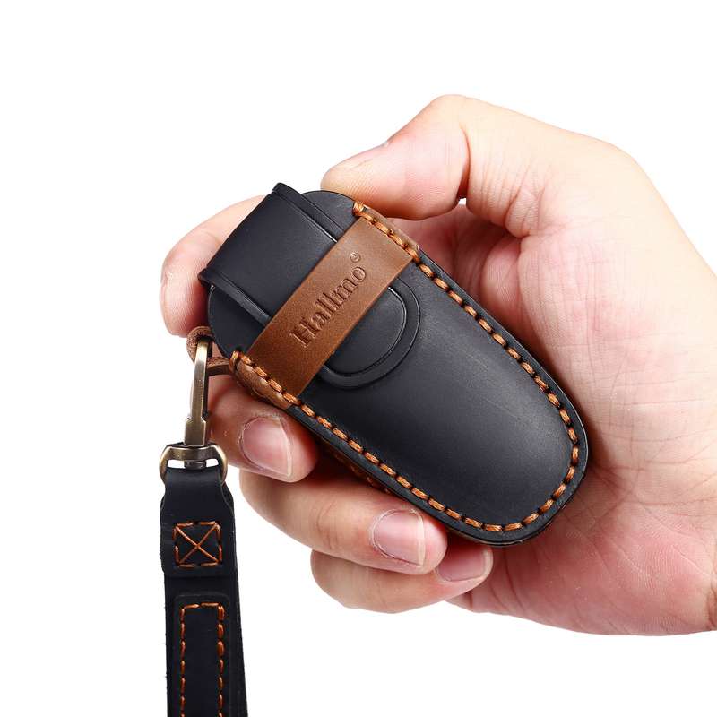 Hallmo Car Cowhide Leather Key Protective Cover Key Case for Hyundai 4-button Start(Black)