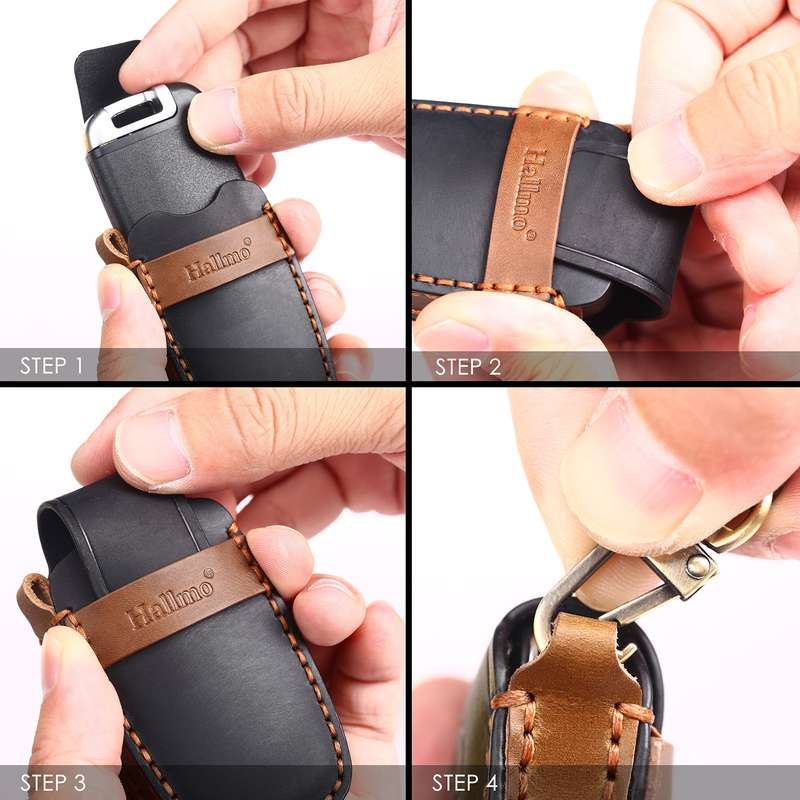 Hallmo Car Cowhide Leather Key Protective Cover Key Case for Hyundai 4-button Start(Black)
