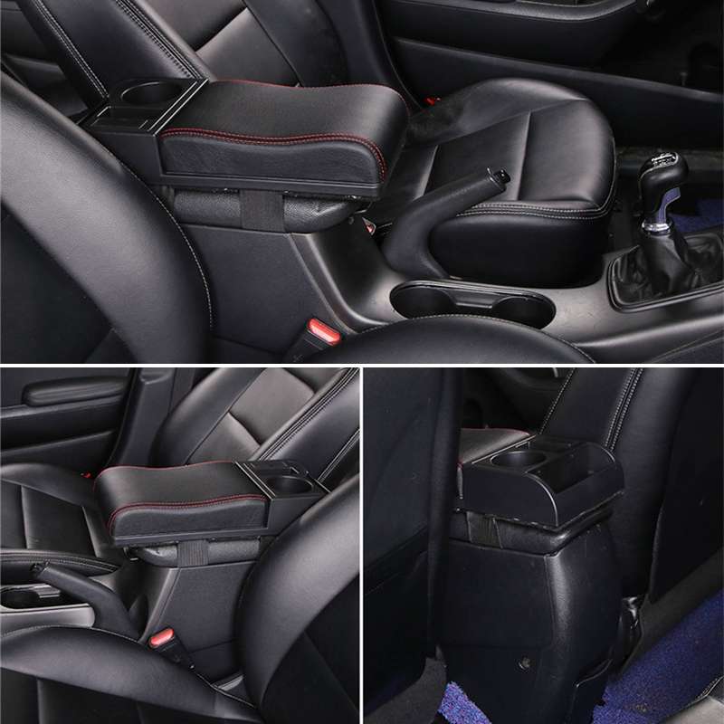 Car Multi-functional Dual USB Armrest Box Booster Pad, Microfiber Leather Curved Type (Black)