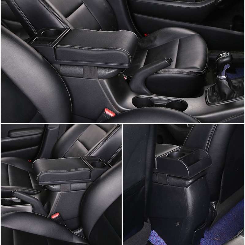 Car Multi-functional Dual USB Armrest Box Booster Pad, Microfiber Leather Curved Type (Black)