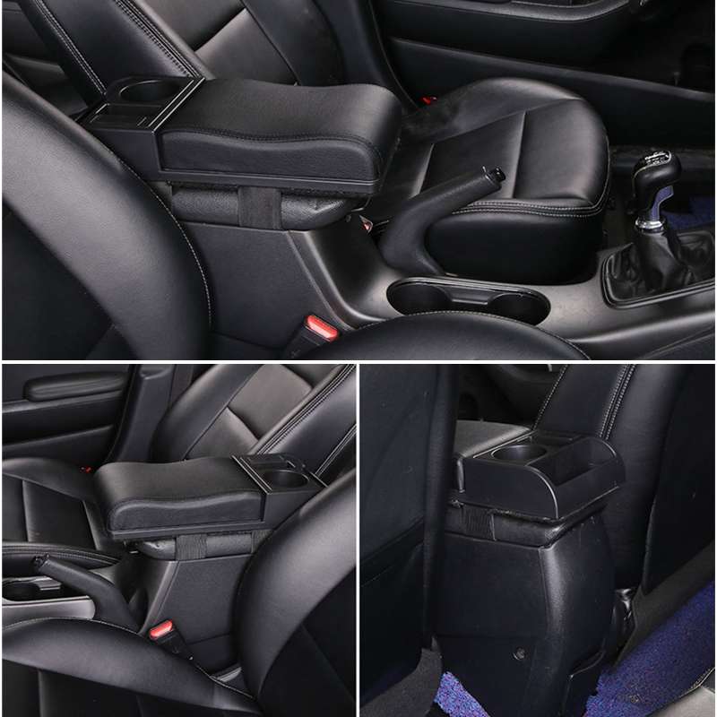 Car Multi-functional Dual USB Armrest Box Booster Pad, Microfiber Leather Curved Type (Black)