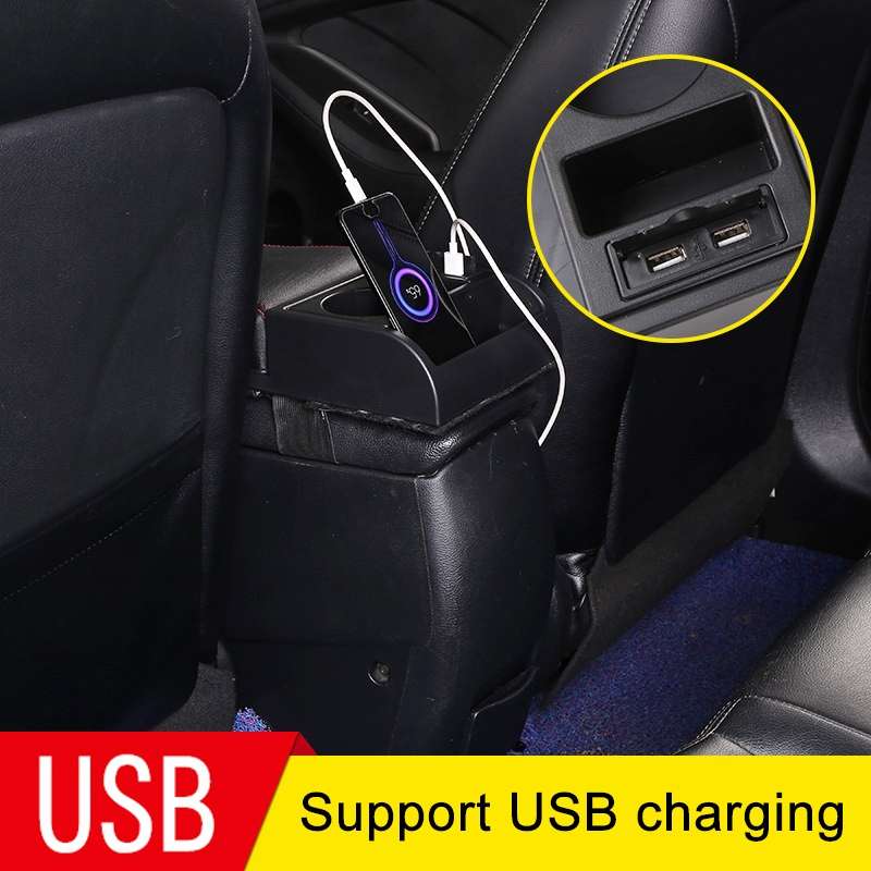 Car Multi-functional Dual USB Armrest Box Booster Pad, Microfiber Leather Curved Type (Black)