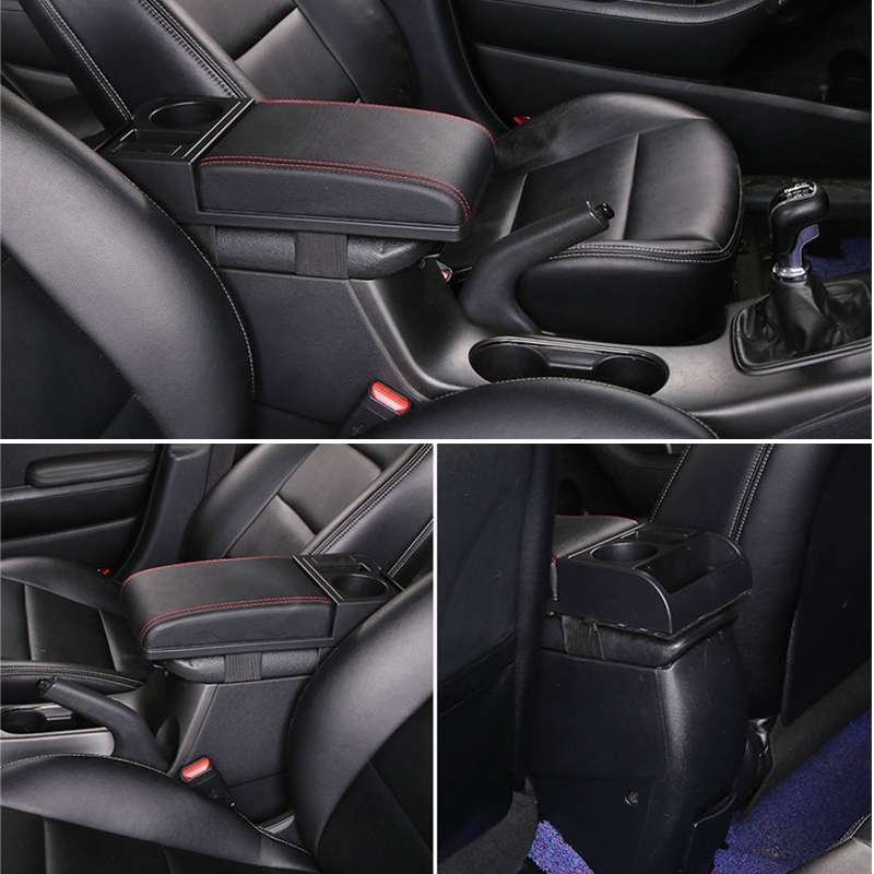 Car Multi-functional Dual USB Armrest Box Booster Pad, Microfiber Leather Straight Type (Black)