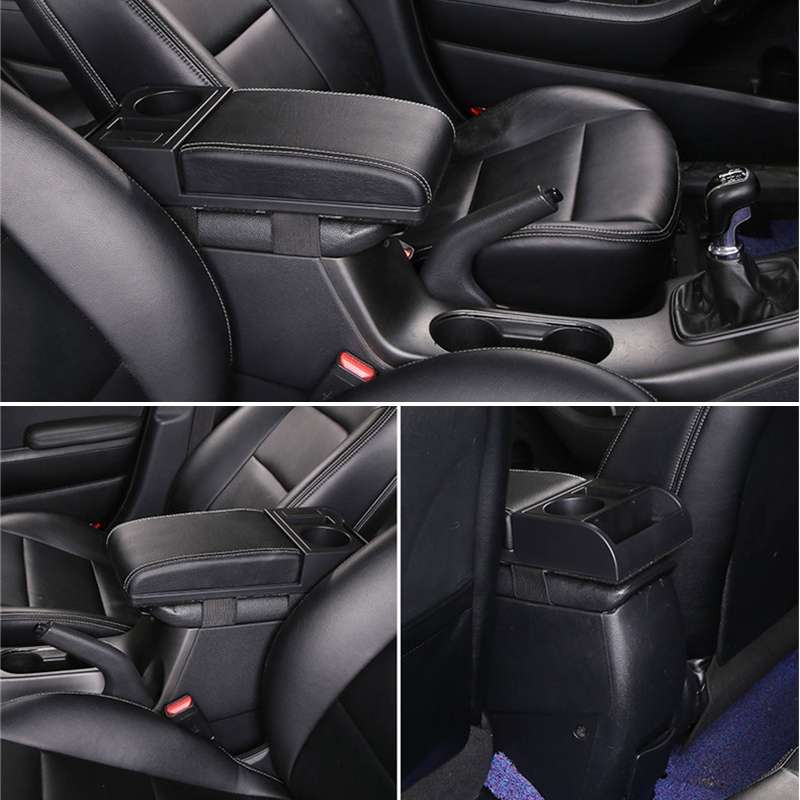 Car Multi-functional Dual USB Armrest Box Booster Pad, Microfiber Leather Straight Type (Black)