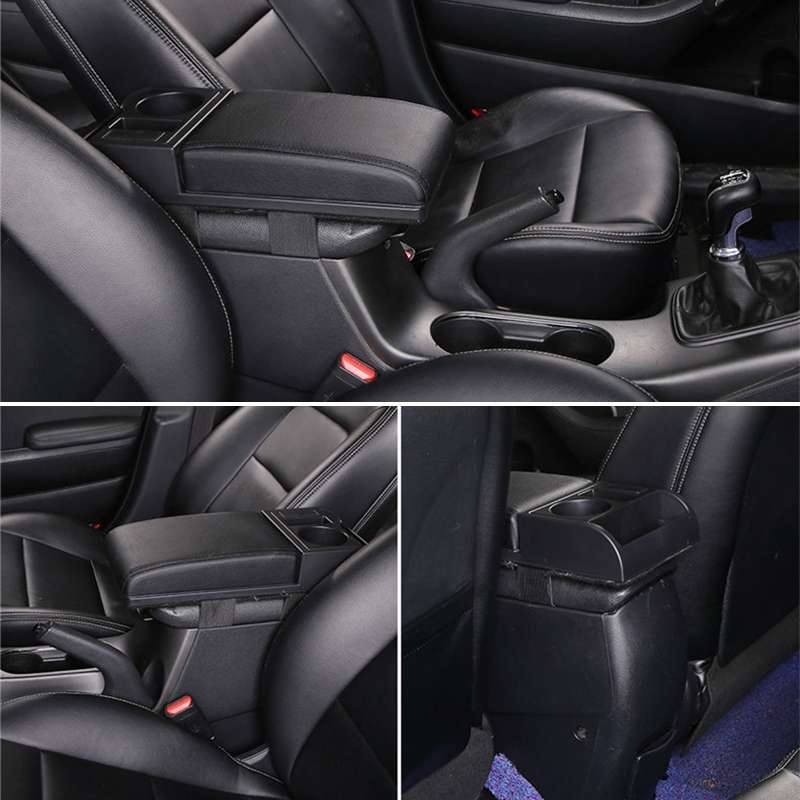 Car Multi-functional Dual USB Armrest Box Booster Pad, Microfiber Leather Straight Type (Black)