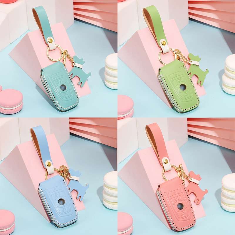 Hallmo Car Female Style Cowhide Leather Key Protective Cover for BMW, A Type(Sky Blue)