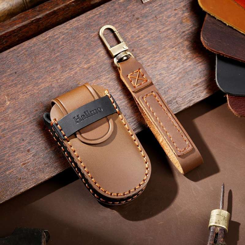 Hallmo Car Genuine Leather Key Protective Cover for Jeep Compass 4-button(Black)