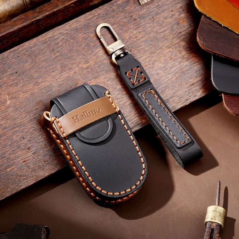 Hallmo Car Genuine Leather Key Protective Cover for Jeep Compass 5-button(Blue)