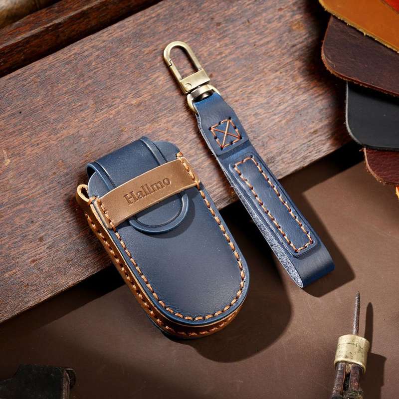 Hallmo Car Genuine Leather Key Protective Cover for Jeep Compass 5-button(Blue)