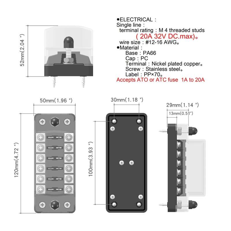 ZH-979A1 FB1903 1 In 1 Out 6 Ways No Distinction Positive Negative Fuse Box with 12 Fuses for Auto C