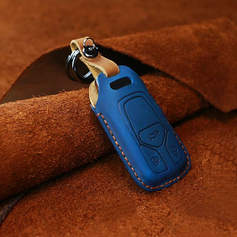 For Audi Series Car Cowhide Leather Key Protective Cover Key Case, A Version 2016-2017 (Blue)