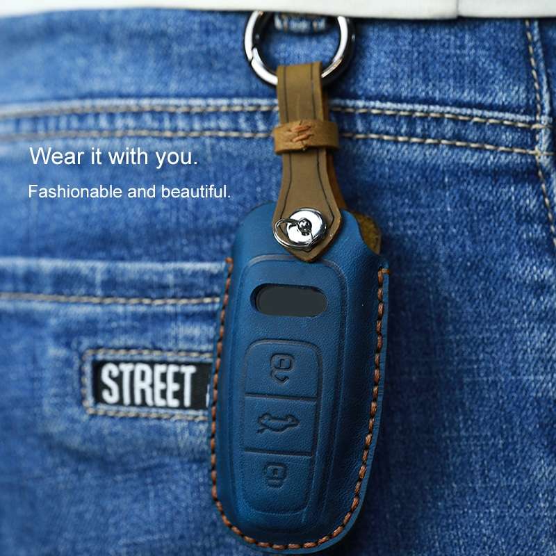 For Audi Series Car Cowhide Leather Key Protective Cover Key Case, A Version 2016-2017 (Blue)