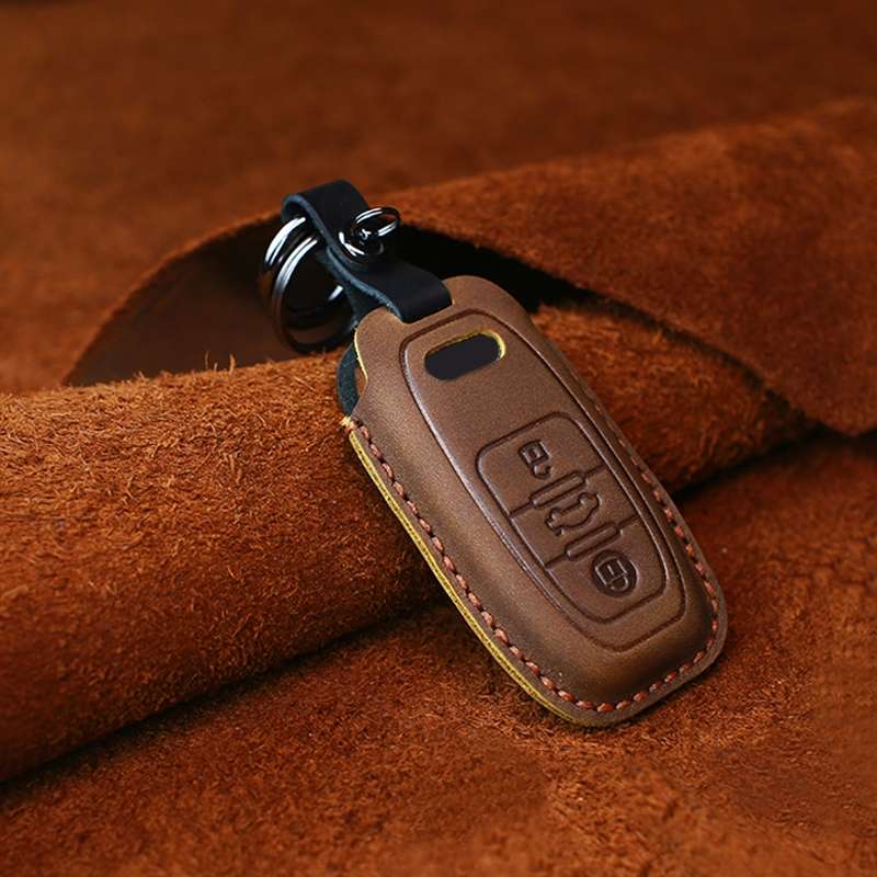 For Audi Series Car Cowhide Leather Key Protective Cover Key Case, B Version 2011-2018 (Blue)