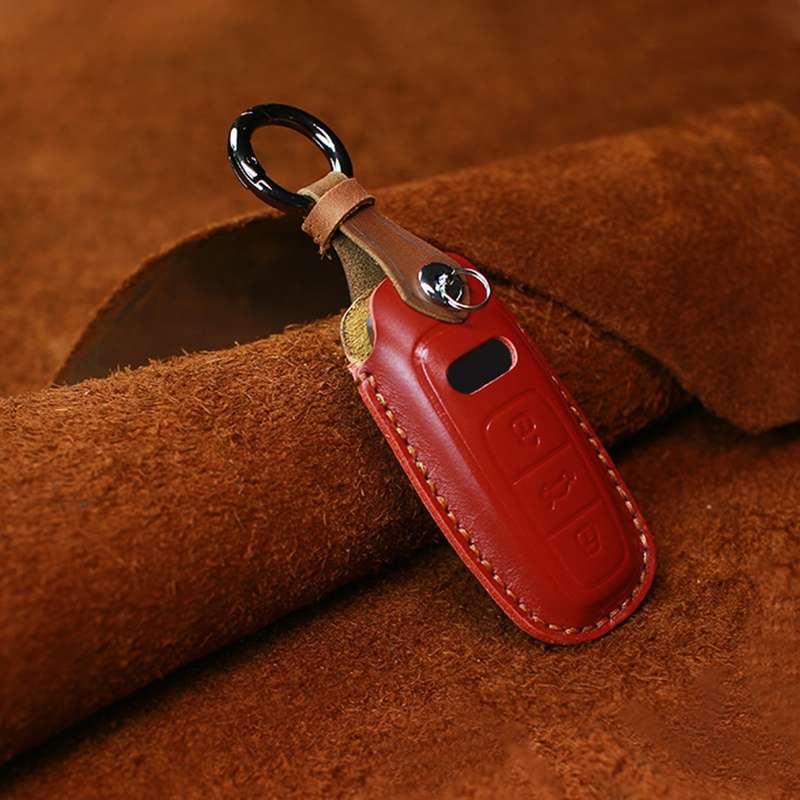 For Audi Series Car Cowhide Leather Key Protective Cover Key Case, C Version 2018 and Above (Red)