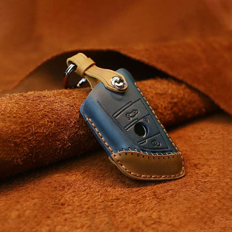 For BMW Blade Style Car Cowhide Leather Key Protective Cover Key Case, Two Keys Version (Blue)