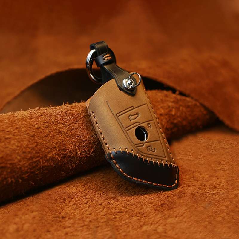 For BMW Blade Style Car Cowhide Leather Key Protective Cover Key Case, Two Keys Version (Blue)
