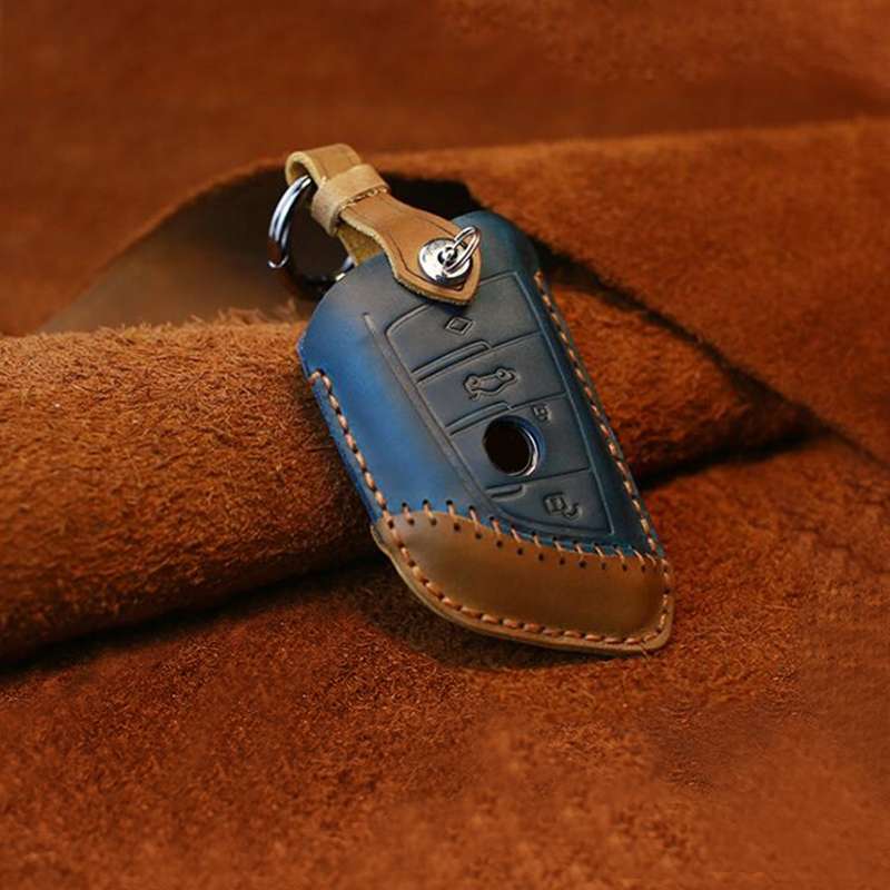 For BMW Blade Style Car Cowhide Leather Key Protective Cover Key Case, Three Keys Version (Blue)