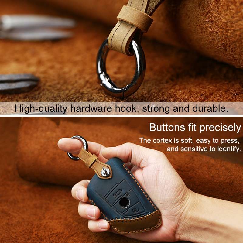For BMW Blade Style Car Cowhide Leather Key Protective Cover Key Case, Three Keys Version (Blue)