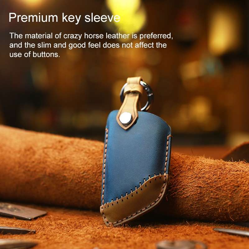 For BMW Blade Style Car Cowhide Leather Key Protective Cover Key Case, Three Keys Version (Blue)