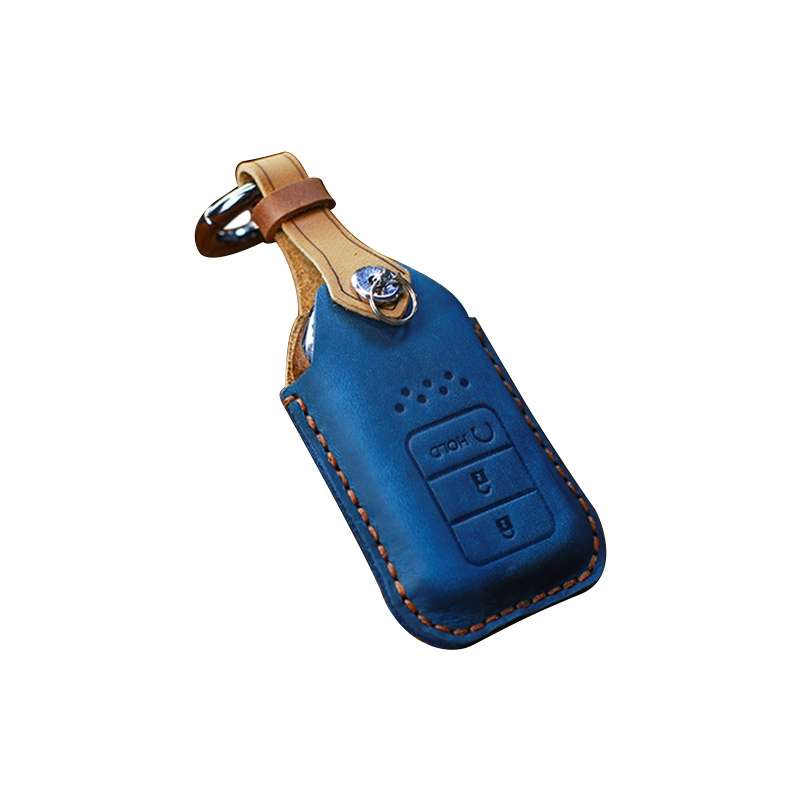 For Honda Car Cowhide Leather Key Protective Cover Key Case, Three Keys Start Version (Blue)