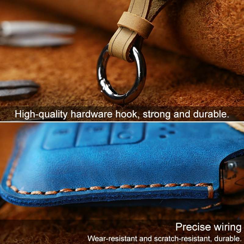 For Honda Car Cowhide Leather Key Protective Cover Key Case, Three Keys Start Version (Blue)
