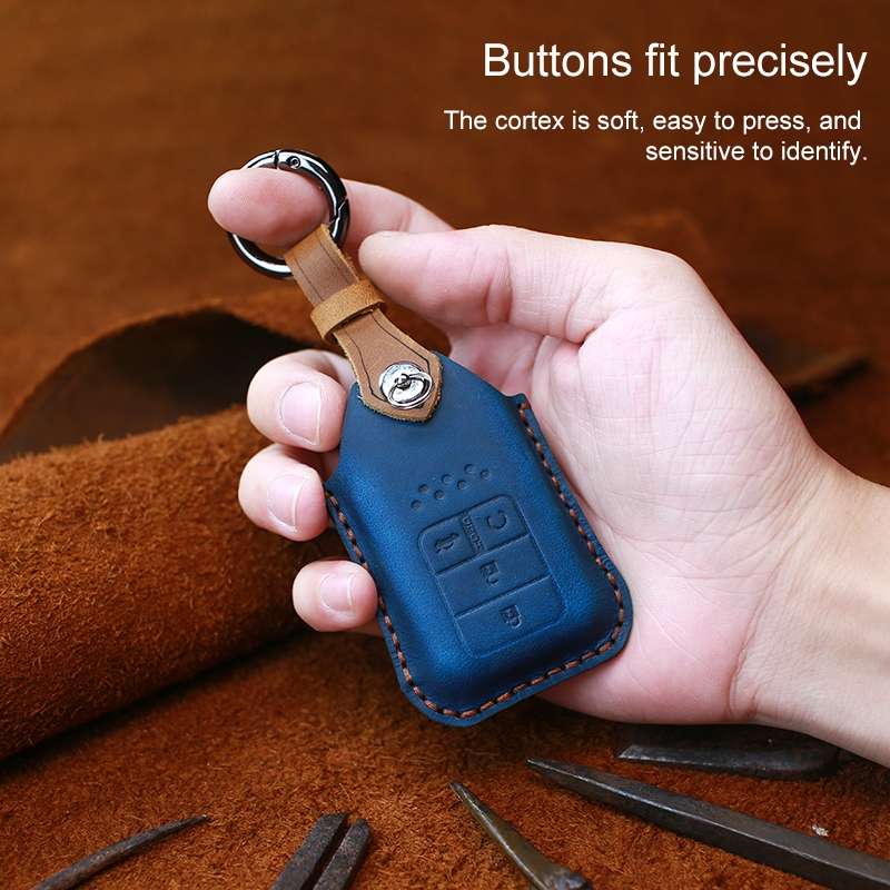 For Honda Car Cowhide Leather Key Protective Cover Key Case, Three Keys Start Version (Blue)