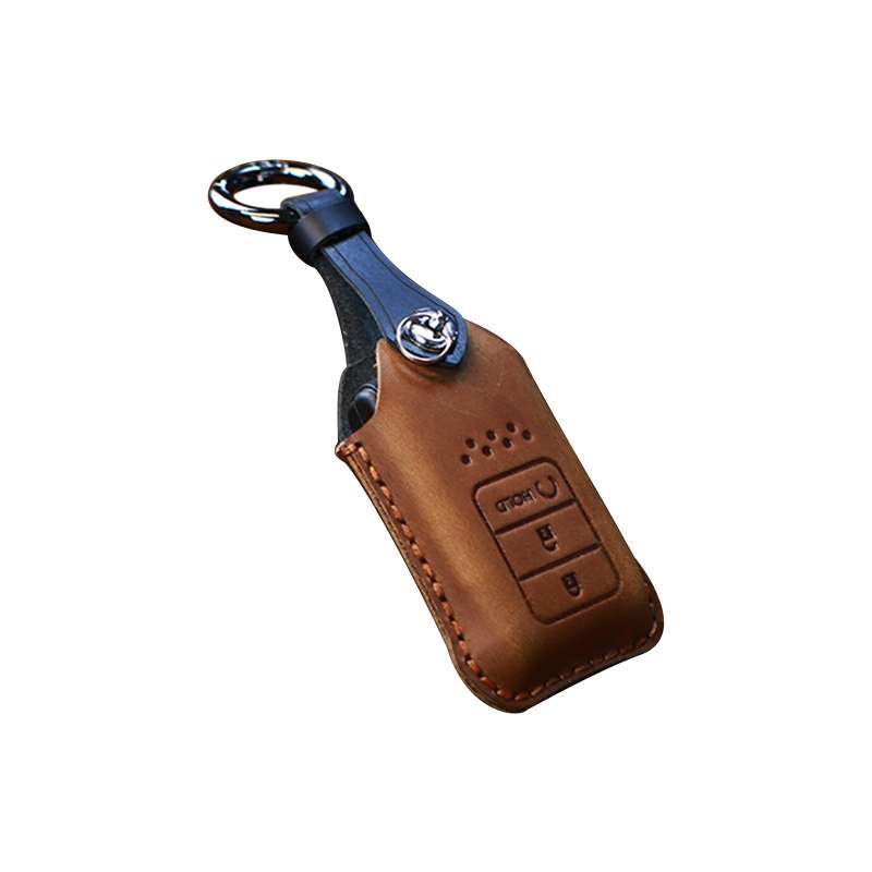 For Honda Car Cowhide Leather Key Protective Cover Key Case, Three Keys Start Version (Blue)
