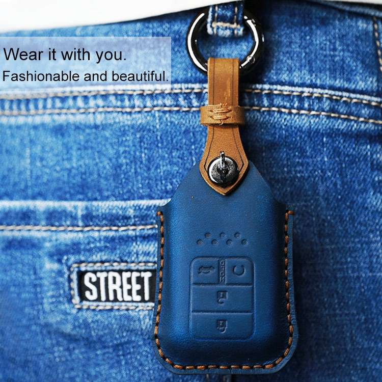 For Honda Car Cowhide Leather Key Protective Cover Key Case, Four Keys Version (Blue)