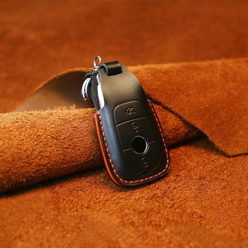 For Mercedes-Benz Colorful Edge Style Car Cowhide Leather Key Protective Cover Key Case (Black)