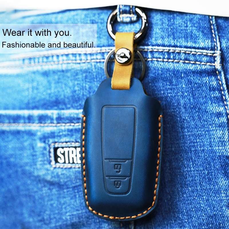 For Toyota Car Cowhide Leather Key Protective Cover Key Case, Two Keys Version(Blue)
