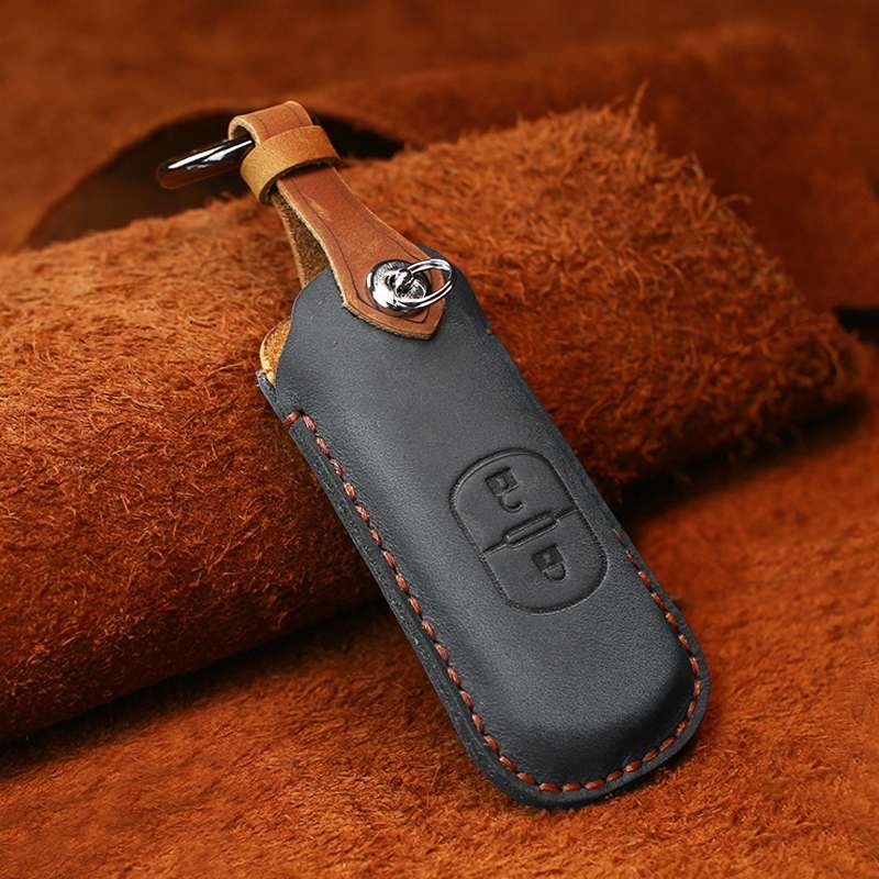 For Mazda Old Style Hallmo Car Cowhide Leather Key Protective Cover Key Case, Two Keys Version(Black