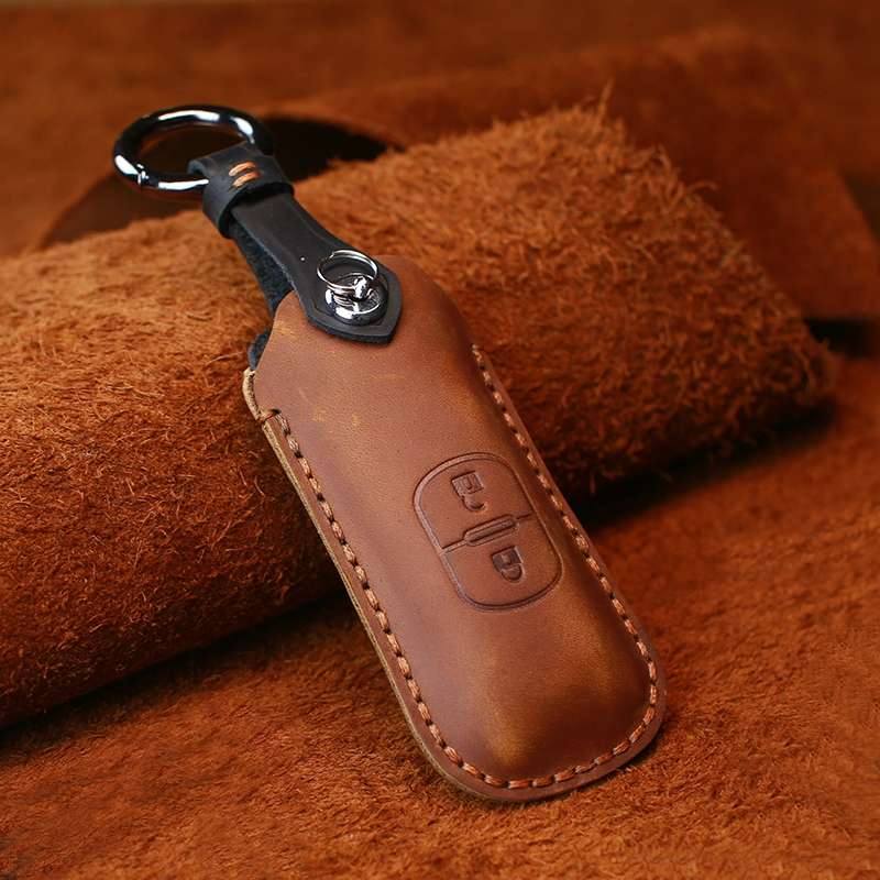 For Mazda Old Style Hallmo Car Cowhide Leather Key Protective Cover Key Case, Two Keys Version(Blue)