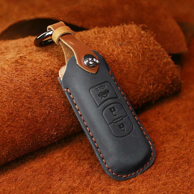 For Mazda Old Style Hallmo Car Cowhide Leather Key Protective Cover Key Case, Three Keys Version(Blu