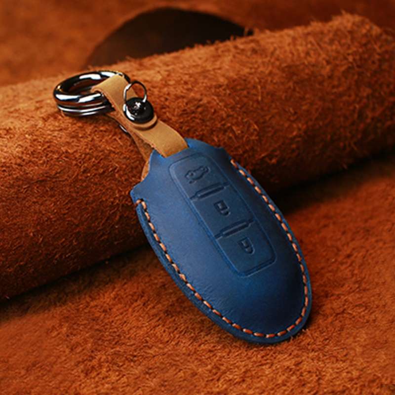 For Nissan Car Cowhide Leather Key Protective Cover Key Case, Three Keys Tailgate Version (Blue)