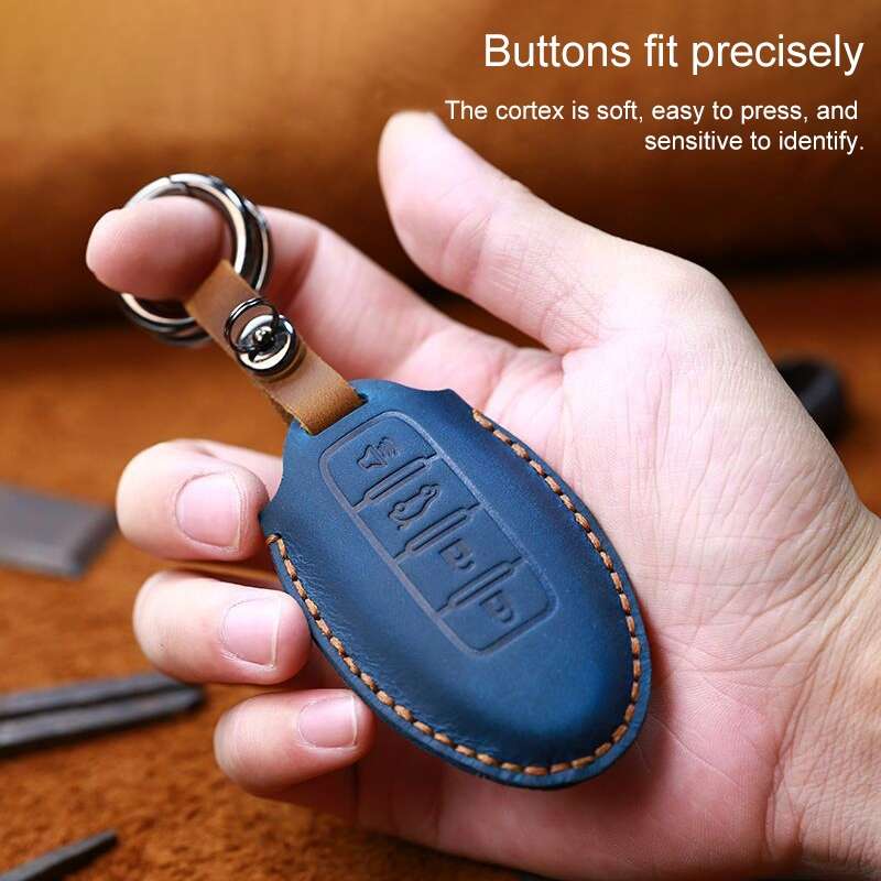 For Nissan Car Cowhide Leather Key Protective Cover Key Case, Three Keys Tailgate Version (Blue)