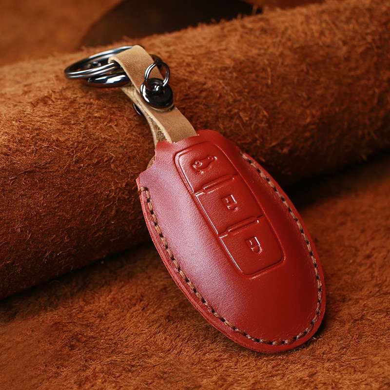 For Nissan Car Cowhide Leather Key Protective Cover Key Case, Three Keys Tailgate Version (Blue)