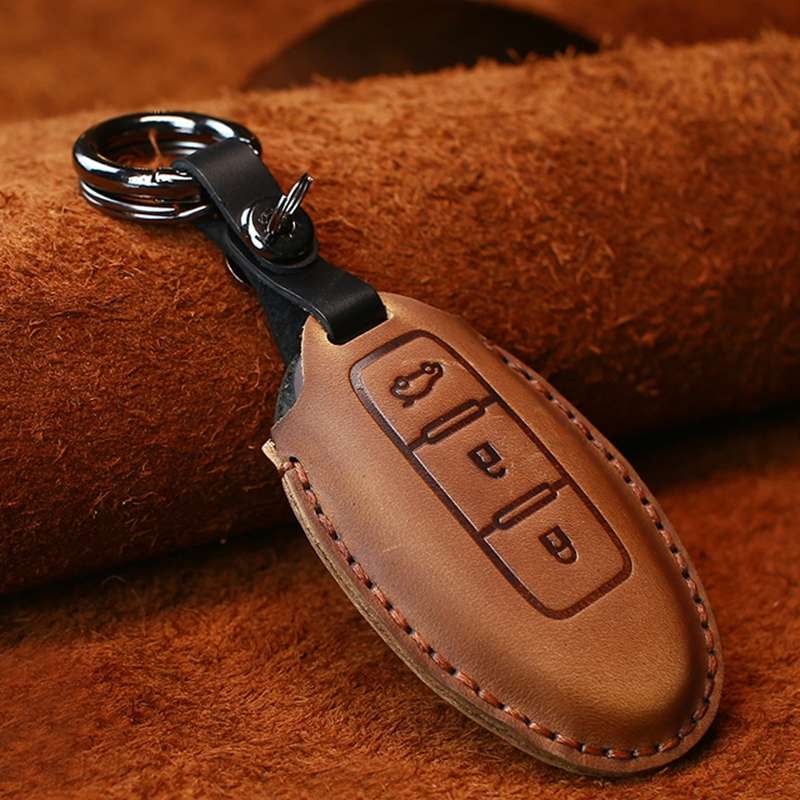 For Nissan Car Cowhide Leather Key Protective Cover Key Case, Three Keys Tailgate Version (Blue)