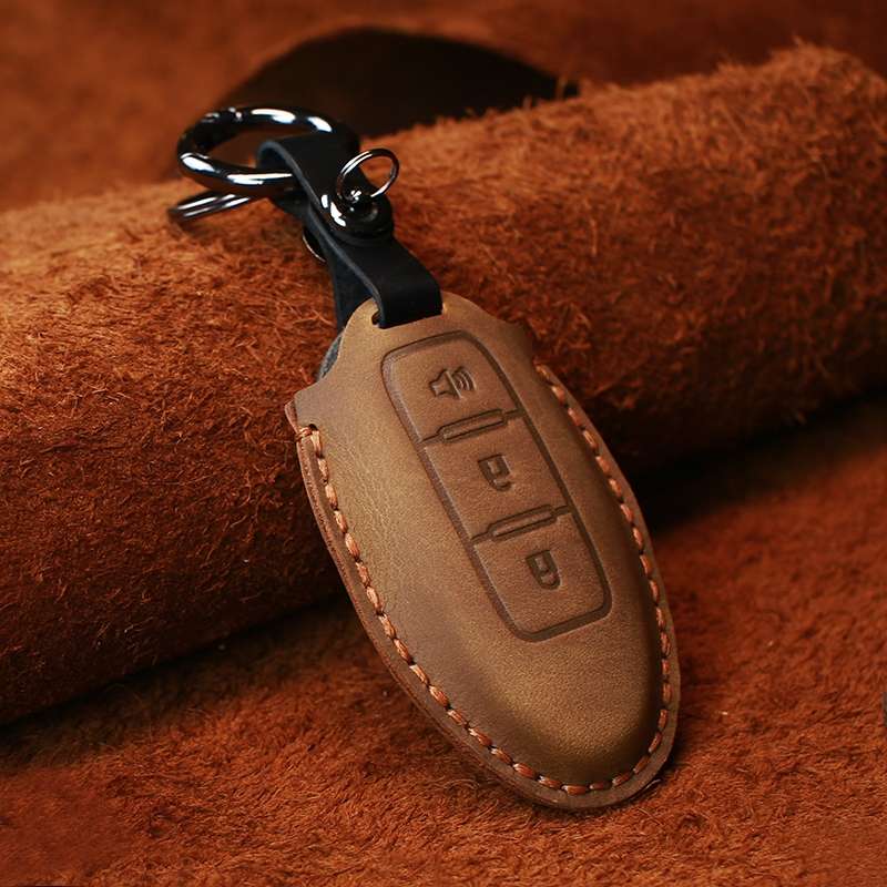 For Nissan Car Cowhide Leather Key Protective Cover Key Case, Three Keys Horn Version (Blue)