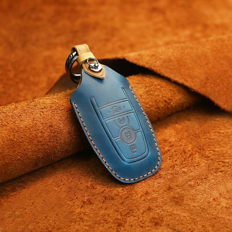 For Ford Car Cowhide Leather Key Protective Cover Key Case, Four Keys Version (Blue)