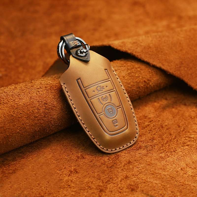 For Ford Car Cowhide Leather Key Protective Cover Key Case, Four Keys Version (Blue)
