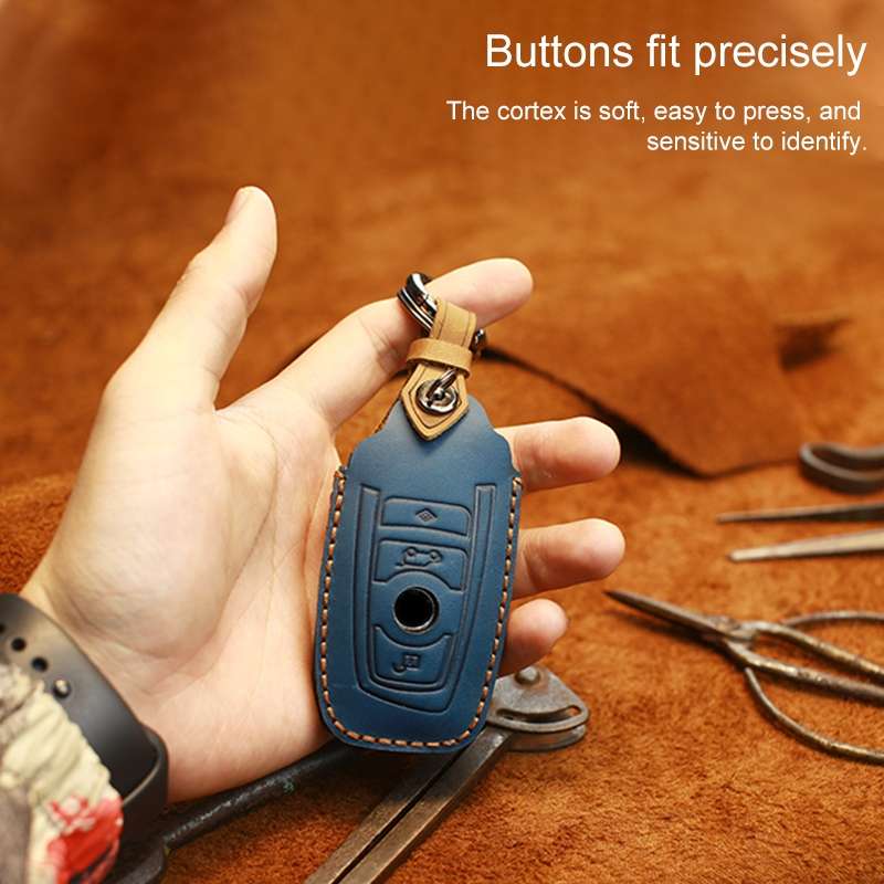 For BMW Old Style Car Cowhide Leather Key Protective Cover Key Case, Two Keys Version (Blue)