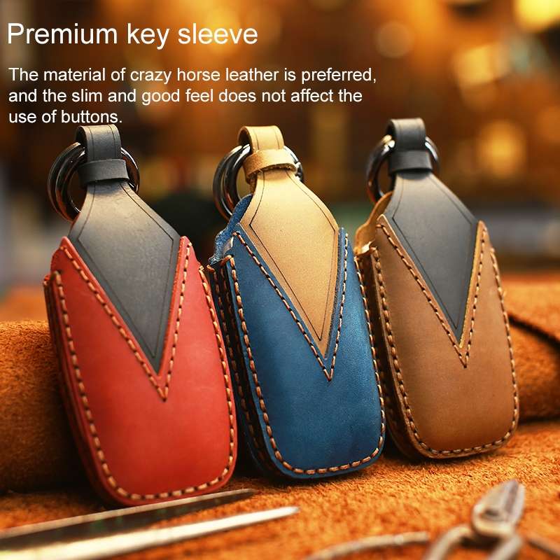 For BMW Old Style Car Cowhide Leather Key Protective Cover Key Case, Two Keys Version (Blue)