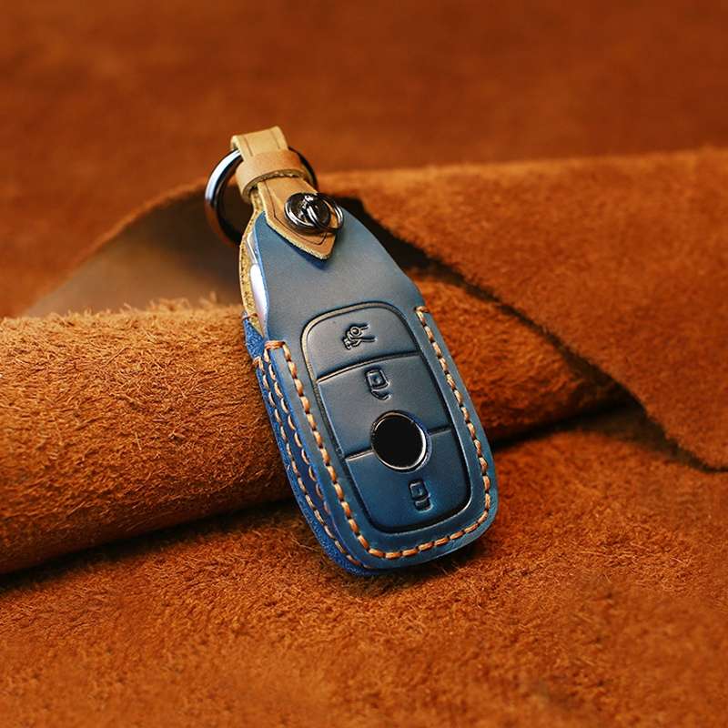 For Mercedes-Benz New Style Car Cowhide Leather Key Protective Cover Key Case (Blue)