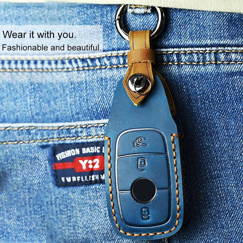 For Mercedes-Benz New Style Car Cowhide Leather Key Protective Cover Key Case (Blue)