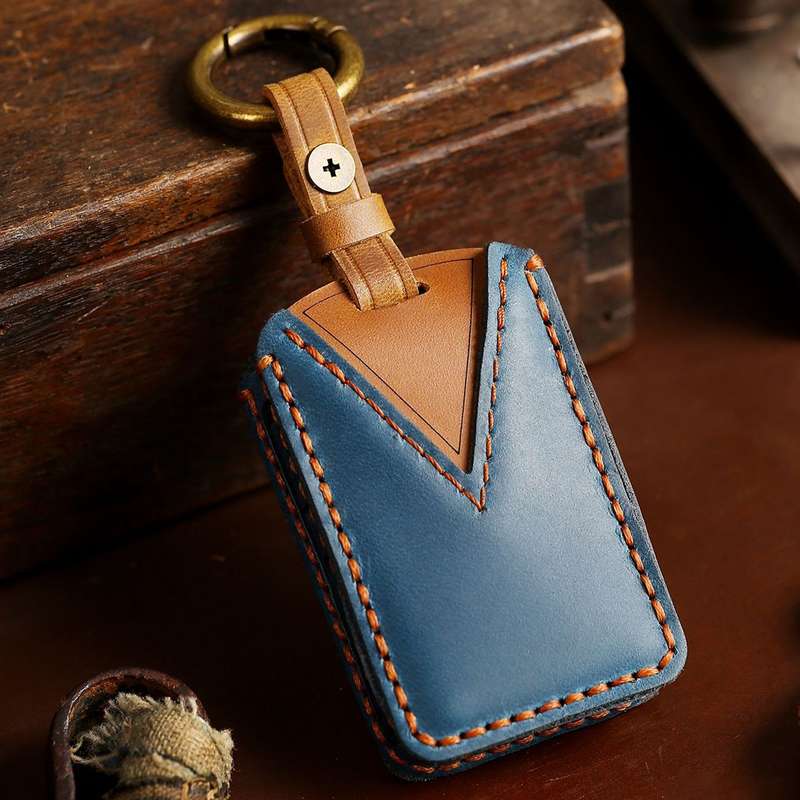 For Volvo Car Cowhide Leather Key Protective Cover Key Case (Blue)