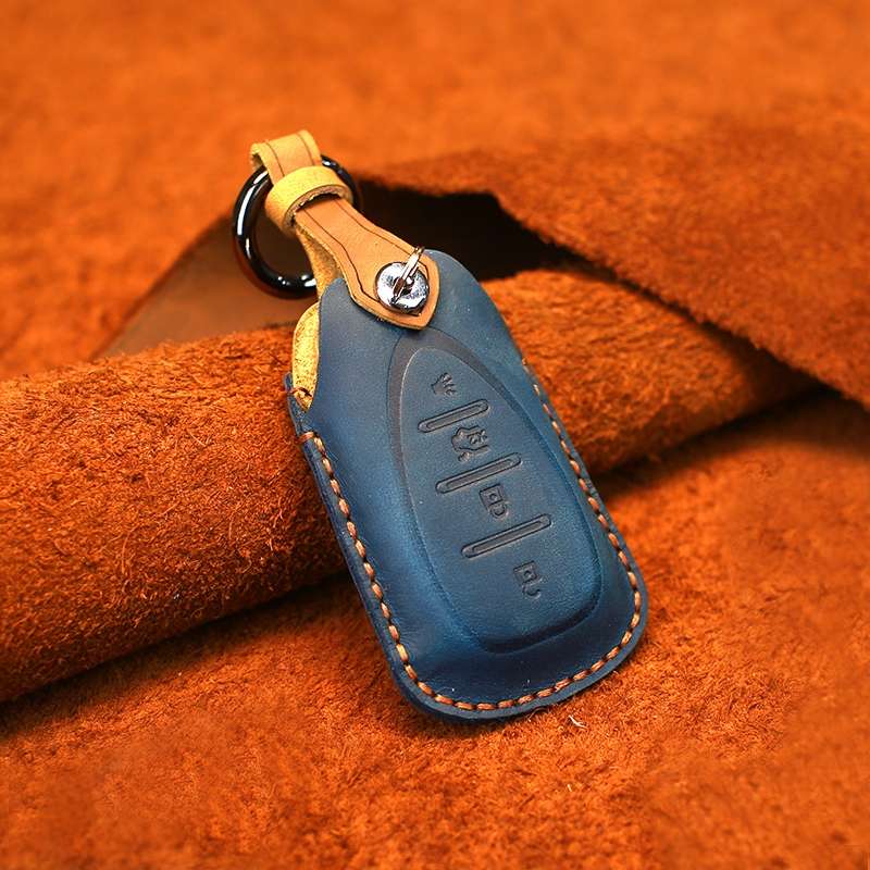 For Chevrolet Car Cowhide Leather Key Protective Cover Key Case, Four Keys Version (Blue)