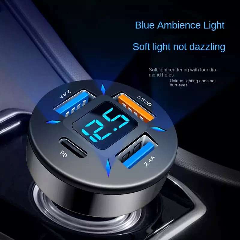 4 in 1 USB PD20W+QC3.0+2.4A Digital Display Car Fast Charger